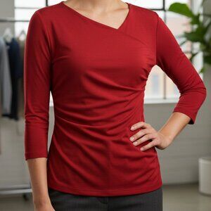 Faux Wrap Ruched Ellen Tracy Red Knit 3/4 Sleeve Blouse Size L Large